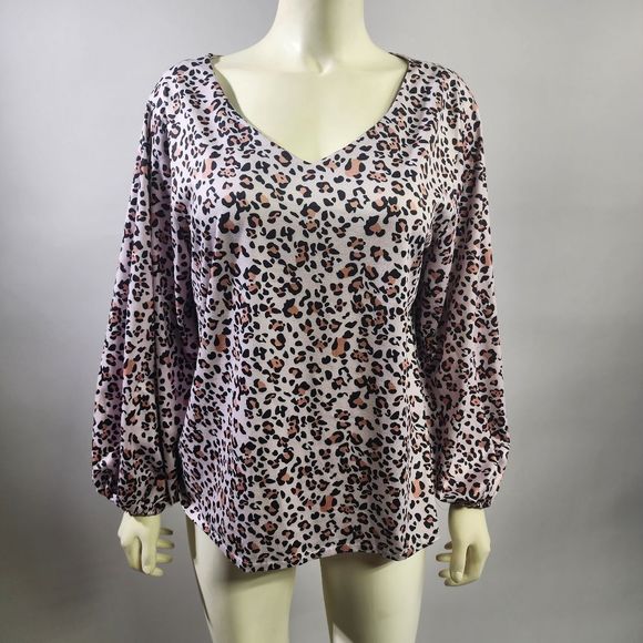 Large leopard top Pink and Black Lightweight Lind Sleeves, V Neck L/XL - Picture 1 of 5